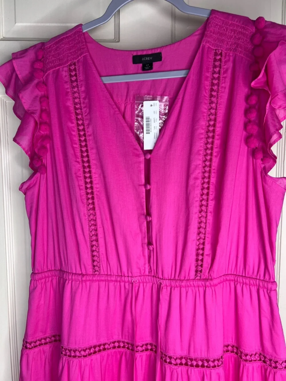 NWT J. Crew Pink Tiered Midi Dress with Flutter Sleeves and Pom Pom Trim Sz 14